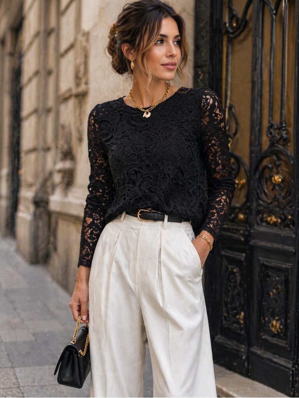 HALOGEN Long Sleeve Lace Top Woman French Style Lace Blouse Black Sz S